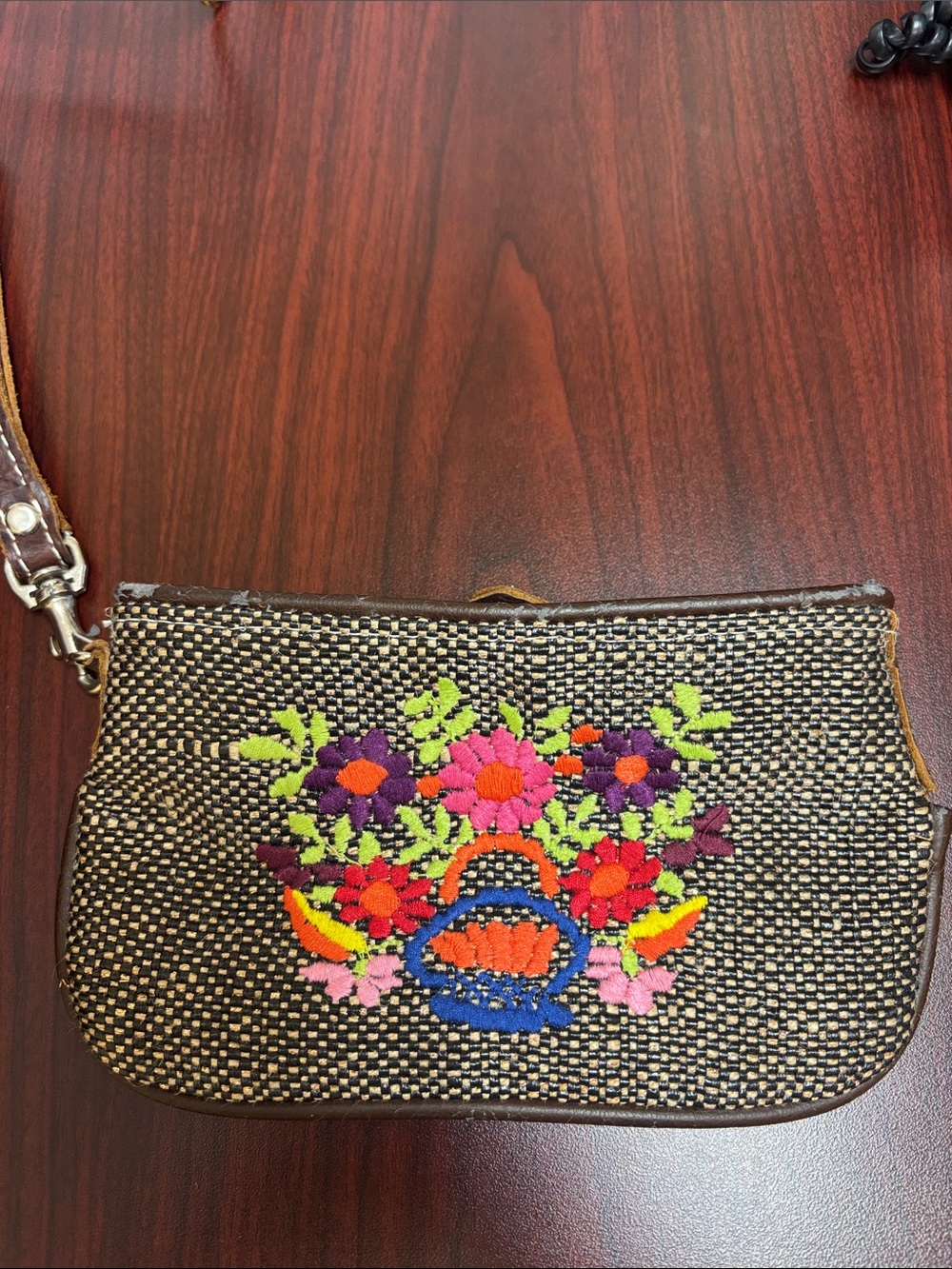 Consuela Brown Woven Wristlet with Multicolor Floral Embroidery